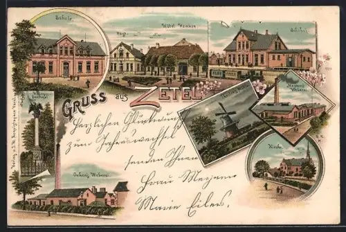 Lithographie Zetel, Hotel Hemken, Bahnhof, Meynen`s Weberei, Onken`s Weberei