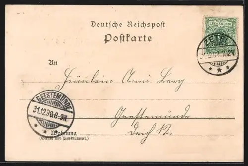 Lithographie Zetel, Hotel Hemken, Bahnhof, Meynen`s Weberei, Onken`s Weberei