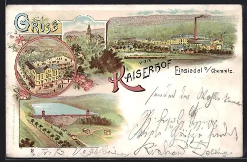 Lithographie Einsiedel / Chemnitz, Gasthaus Kaiserhof, Fabrik, Talsperre