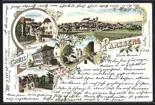 Lithographie Parsberg / Neumarkt, Kgl. Bezirksamt, Burgruine, Neue Strasse, Zum Marktplatz