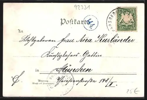 Lithographie Parsberg / Neumarkt, Kgl. Bezirksamt, Burgruine, Neue Strasse, Zum Marktplatz