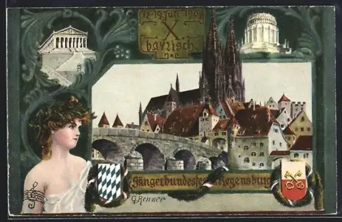 Künstler-AK Regensburg, X. bayrisches Sängerbundesfest 1909, Dom, Walhalla, Wappen