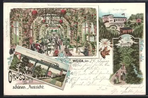 Lithographie Weida / Thür., Gasthof zur schönen Aussicht, Wintergarten, Oschützthal Viadukt