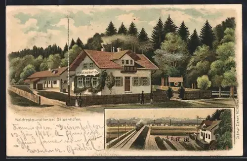 Lithographie Deisenhofen / Oberhaching, Waldrestauration, Ortspartie mit Eisenbahn
