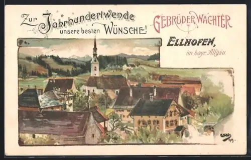 Lithographie Ellhofen / Allgäu, Ortsansicht mit Kirche, Neujahrsgrüsse