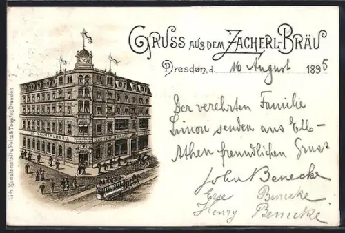 Vorläufer-Lithographie Dresden, 1895, Gasthof Zacherl-Bräu, Pferdebahn, König-Johann-Strasse 8