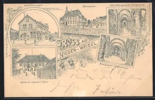 Lithographie Nieder-Weisel, Spital der Johanitter-Ritter, Haus Ph. Krausgrill, Marktplatz