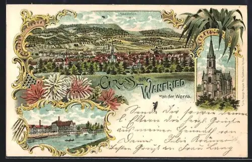 Lithographie Wanfried an der Werra, Brücke über die Werra, Kirche, Ortsansicht mit Kirche