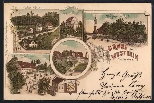 Lithographie Westheim / Schwab., Tyrolerhaus, Villen-Kolonie, Kurhaus, Schloss