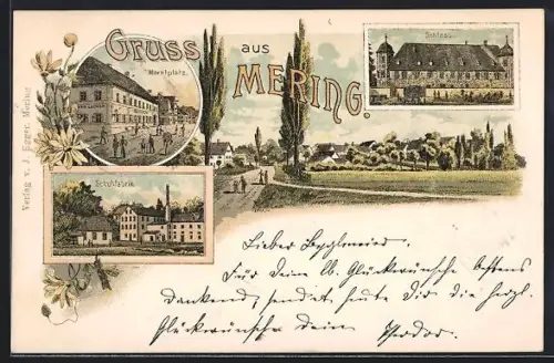 Lithographie Mering, Marktplatz, Schuhfabrik, Schloss