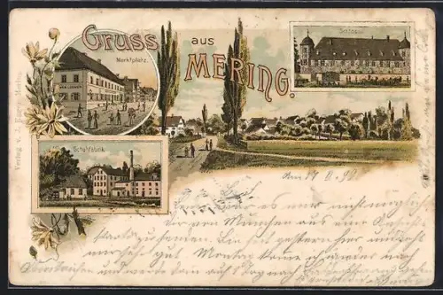Lithographie Mering, Marktplatz, Schuhfabrik, Schloss