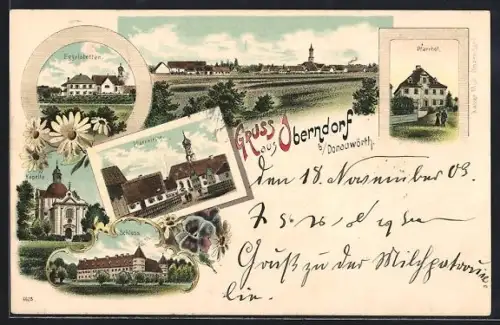 Lithographie Oberndorf b. Donauwörth, Pfarrhof, Schloss, Eggelstetten, Kapelle