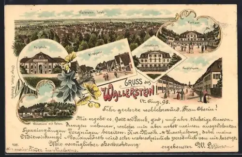 Lithographie Wallerstein, Reitschule, Mittelgasse, Hauptstrasse, Kurhaus