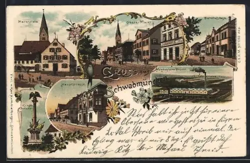 Lithographie Schwabmünchen, Holzhey`sche Weberei, Bahnhofstrasse, Oberer Markt