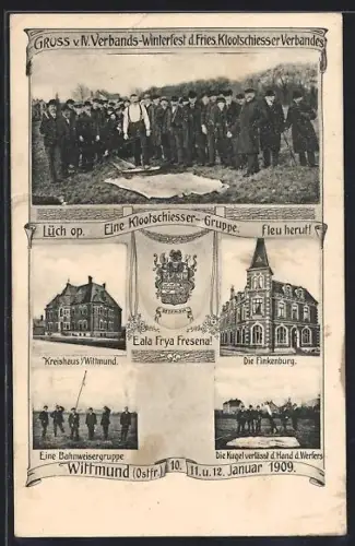 AK Wittmund /Ostfr., Verbandes Winterfest 1909, Eine Klootschiesser-Gruppe, Finkenburg, Kreishaus