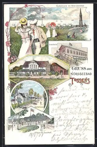 Lithographie Tossens, Ulbrands Gasthof, Hotel Strandhof, Strandhalle