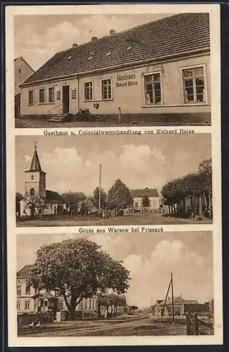 AK Warsow bei Friesack, Gasthaus u. Colonialwarenhandlung von Richard Heise, Kirche im Ort