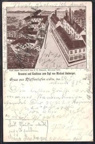 Lithographie Pfaffenhofen a. Ilm, Brauerei u. Gasthaus von Michael Amberger
