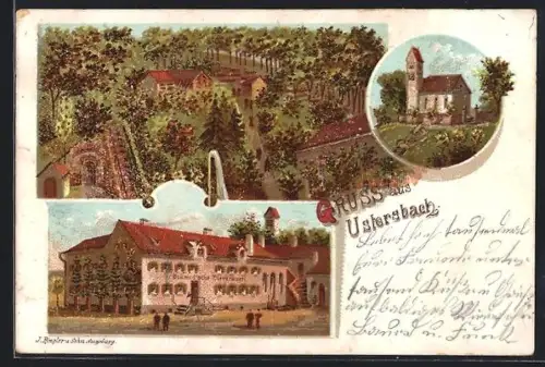 Lithographie Ustersbach, Schmid`sche Bierbrauerei, Kirche, Gartenansicht