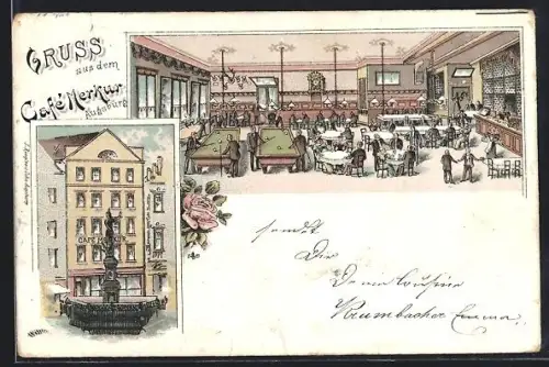 Lithographie Augsburg, Gasthof Cafe Merkur, Brunnen vor dem Cafe