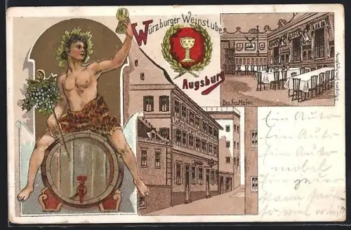 Lithographie Augsburg, Gasthof Würzburger Weinstube, Bacchus auf einem Weinfass