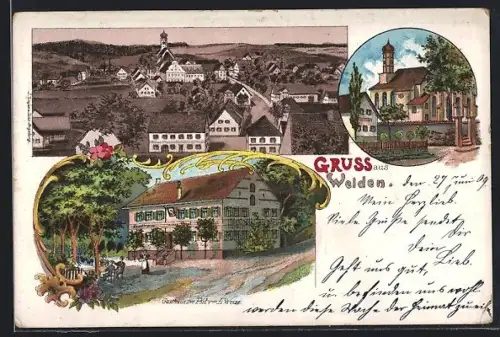 Lithographie Welden, Gasthaus zur Post von L. Weiss, Kirche, Blick auf den Ort