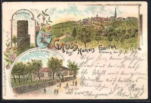 Lithographie Grünberg / Hessen, Gasthof Hamel`s Garten, Wartturm, Ortsansicht mit Kirche