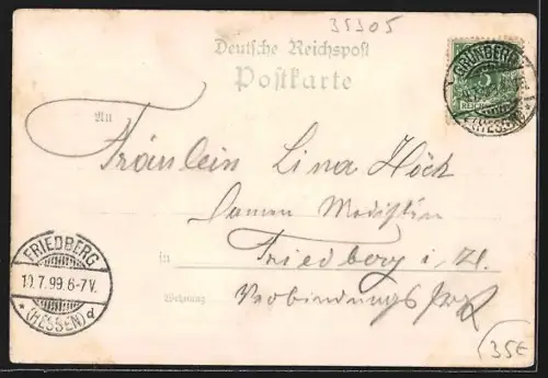 Lithographie Grünberg / Hessen, Gasthof Hamel`s Garten, Wartturm, Ortsansicht mit Kirche