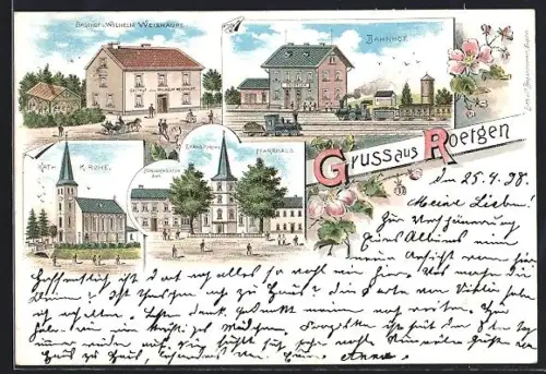 AK Roetgen, Gasthaus v. Wilhelm Weishaupt, Bahnhof, Evang. Kirche mit Pfarrhaus, Kath. Kirche