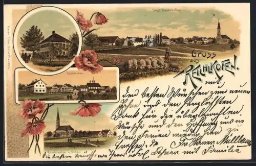 Lithographie Reichlkofen, Blick zur Kirche von Osten, Göttlkofen, Mohnblüten