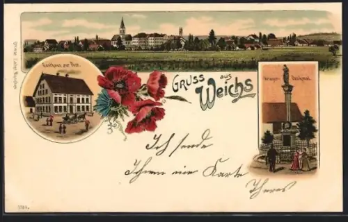 Lithographie Weichs /Obb., Gasthaus zur Post, Kriegerdenkmal, Mohnblüten