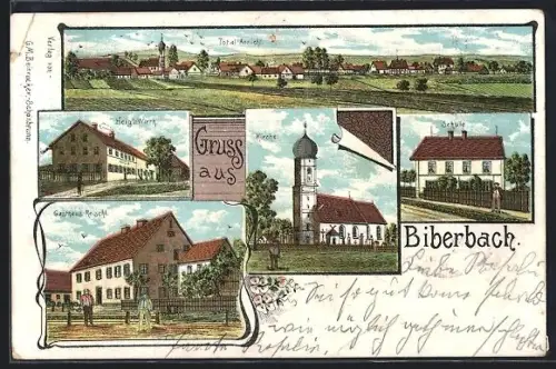 Lithographie Biberbach /Röhrmoos, Gasthaus Reischl, Gasthof Heigl, Kirche, Schule