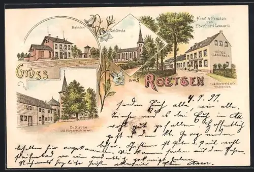 Lithographie Roetgen, Hotel u. Pension v. Ebergard Lennartz, Bahnhof, Kath. Kirche, Ev. Kirche und Bürgermeisteramt