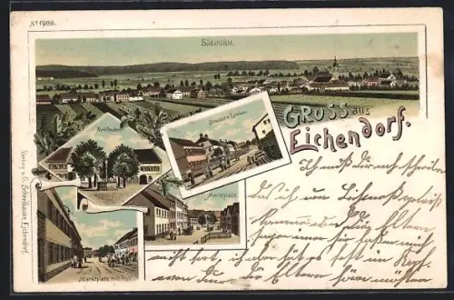 Lithographie Eichendorf / Ndb., Strasse nach Landau, Marktplatz mit Post, Marktbrunnen