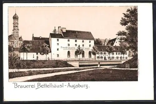 Lithographie Augsburg, Brauerei Bettelhäusl mit Gasthaus Jos. Ortel