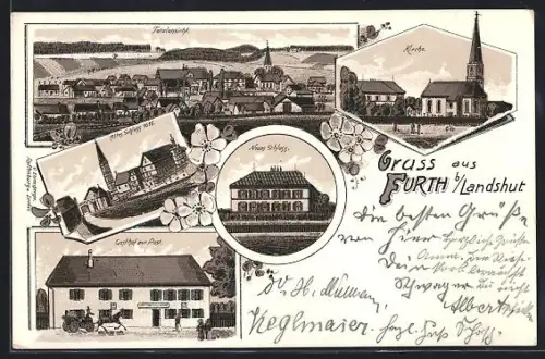 Lithographie Furth b. Landshut, Gasthof zur Post, Kirche, Altes Schloss 1615, Neues Schloss