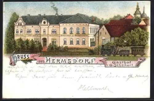 Lithographie Hermsdorf / Dresden, Gastgof G. Schönerl mit Dampf Lok