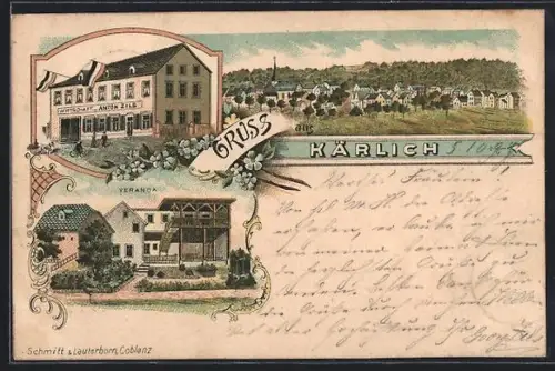 Lithographie Kärlich, Gasthauf v. Anton Zils, Veranda, Blick auf den Ort