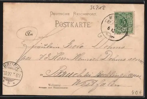 Lithographie Kärlich, Gasthauf v. Anton Zils, Veranda, Blick auf den Ort