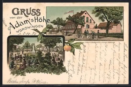 Lithographie Gröningen / Bode, Gasthof Adam`s Höhe, Garten mit Springbrunnen