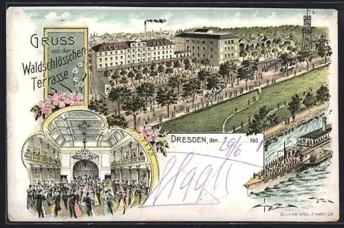 Lithographie Dresden-Neustadt, Gasthaus Waldschlösschen Terrasse, Raddampfer Habsburg