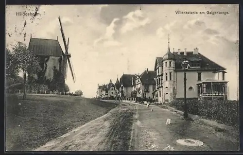 AK Hildesheim, Strasse zur Villenkolonie am Galgenberge mit Windmühle