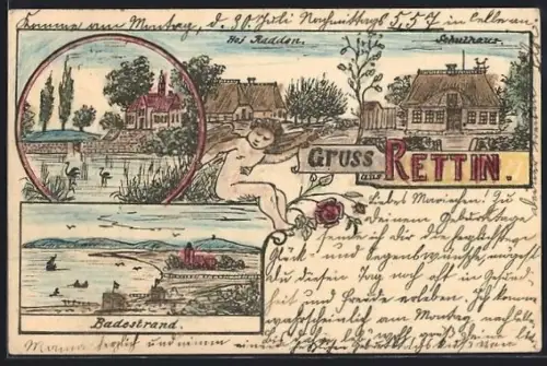 Lithographie Rettin, Schulhaus, Hof Radden, Badestrand