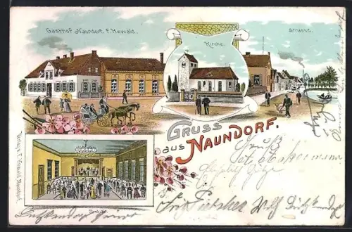 Lithographie Naundorf / Kabelsketal, Gasthaus F. Hewald, Strassenpartie, Kirche
