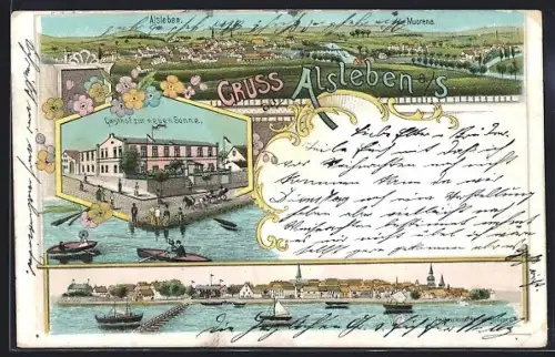 Lithographie Alsleben a. S., Gsthof zur neuen Sonne, Flusspartie mit Booten, Mucrena