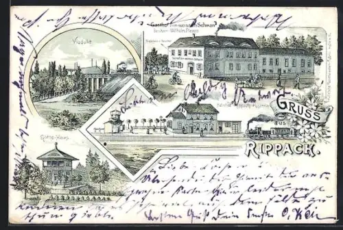 Lithographie Rippach, Gasthof zum weissen Schwan, Bes. Wilhelm Pleines, Viadukt, Bahnhof, Göthe Haus