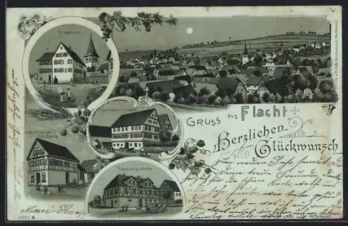 Mondschein-Lithographie Flacht / Weissach, Gasthaus z. Löwen, Gasthaus z. Adler, Handlung v. Chr. Essig, Schulhaus