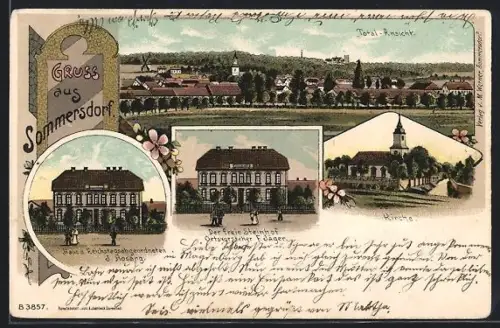 Lithographie Sommersdorf / Börde, Ortsansicht, Haus d. Reichstagsabgeordneten J. Hosang, Kirche und Steinhof