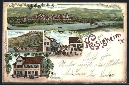 AK Hessigheim a. N., Gasthaus v. Gottl. Cantz, Felsengarten, Hauptstrasse, Flusspartie mit Brücke