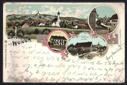 Lithographie Welden, Gasthaus zur Post, Forstamt, Blick zur Kirche